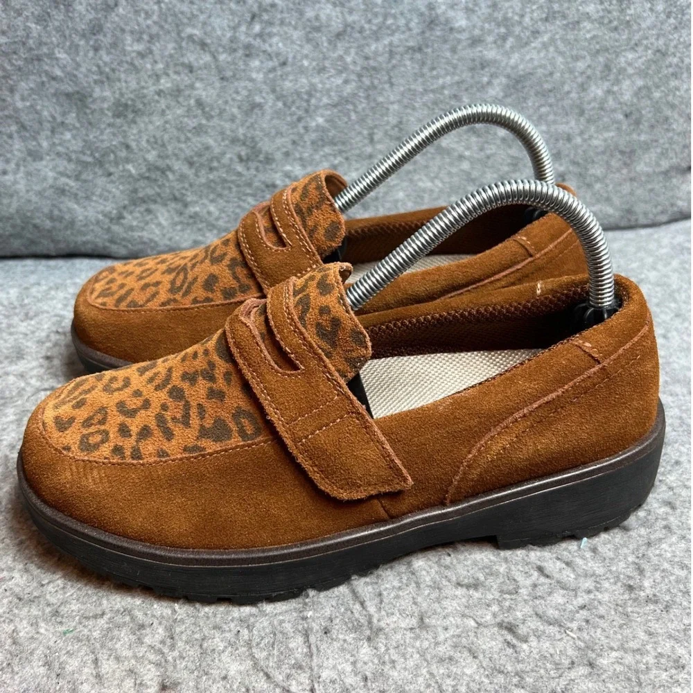 Orthofeet Womens Brown Suede Leopard Print Penny Loafers Orthopedic Shoes Size 8